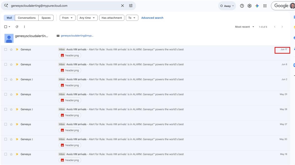 Gmail inbox - most had been arriving in Gmail, but none since June 17
